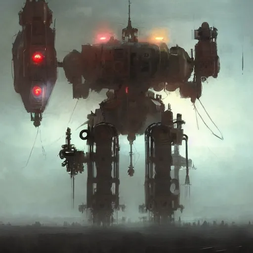 Image similar to gigantic steampunk mecha, industrial machine, colored light beams, dense fog, trending on artstation, jakub rozalski