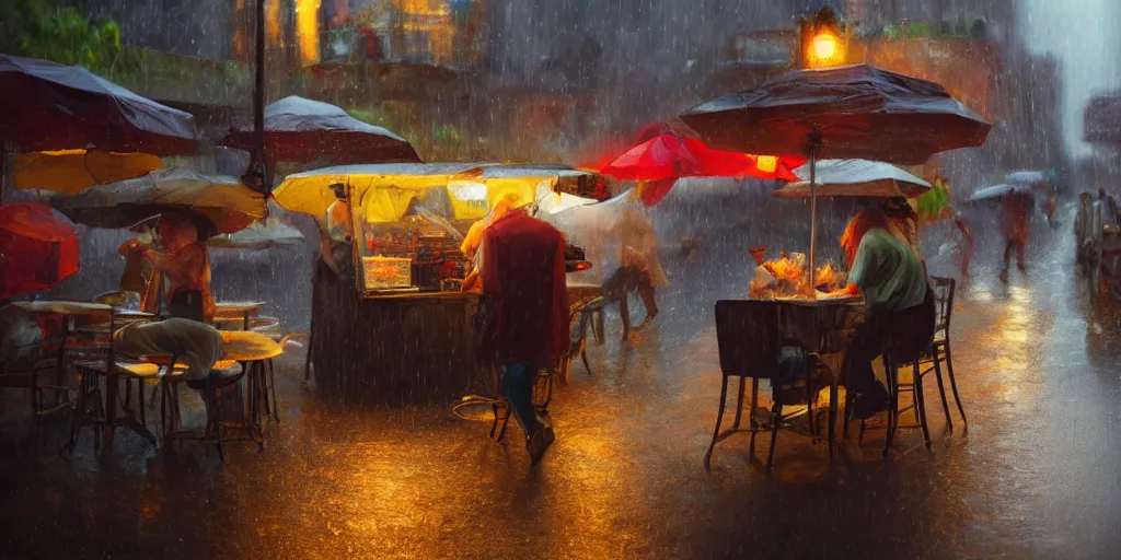 Image similar to Street food vendor prepares your meal as it rains, cozy wallpaper, 4k, high details, volumetric dynamic lighting, motion blur, blur, bokeh, trending on Artstation, award-winning, art by Chris Moore, by Greg Rutkowski