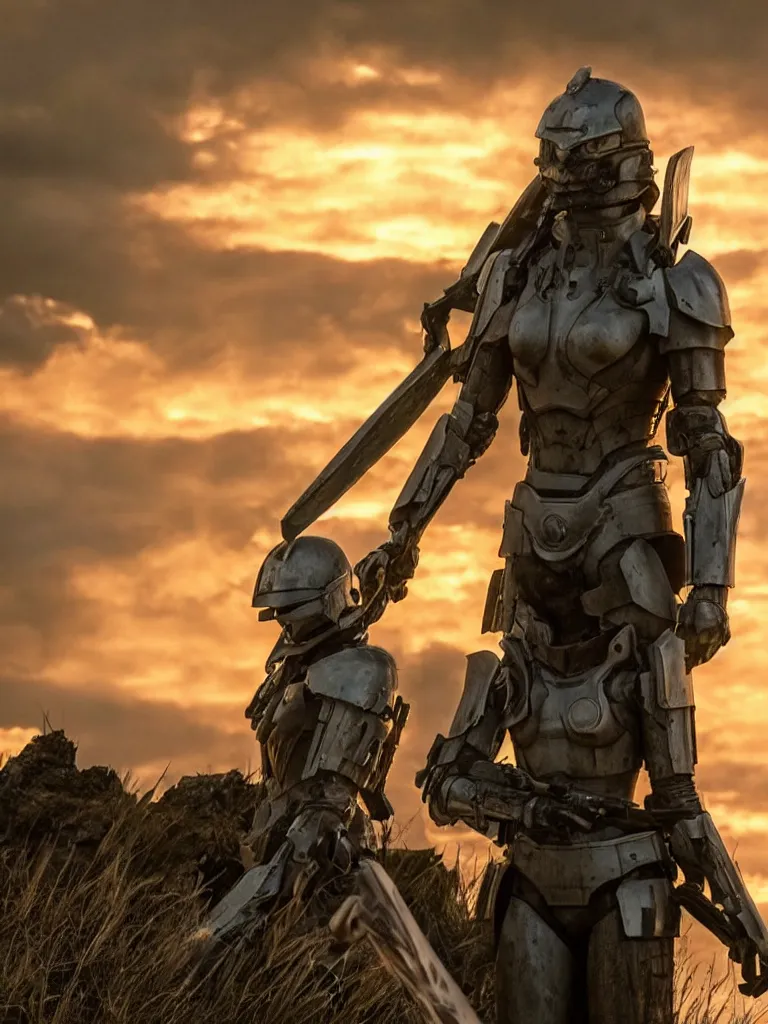 Image similar to emily blunt in futuristic power armor, standing atop a hill, holding a sword, edge of tomorrow, angel of verdun, sunset