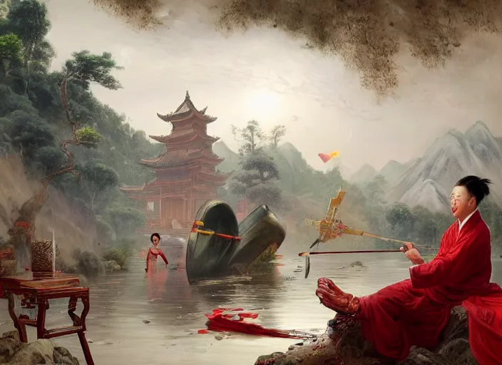 Image similar to elon musk terrorizing ancient china by vladimir volegov and alexander averin and pierre auguste cot and delphin enjolras and peder mørk mønsted