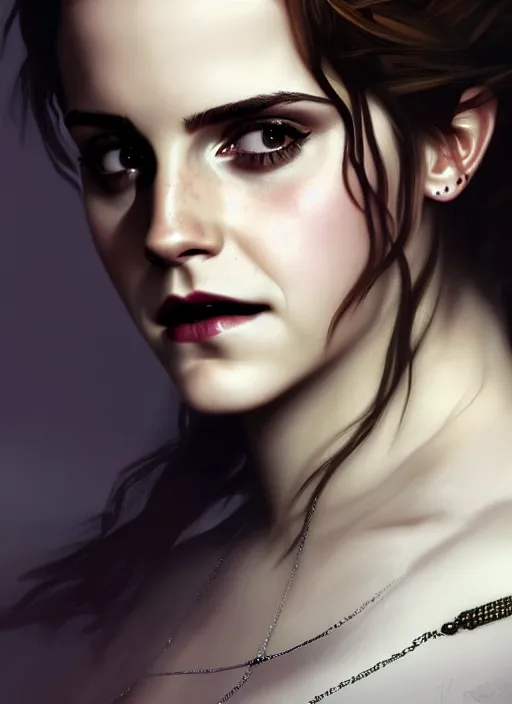 Image similar to portrait of emma watson as a vampire queen, jewelry, greek, black, intricate, headshot, highly detailed, digital painting, artstation, concept art, sharp focus, cinematic lighting, illustration, art by artgerm and greg rutkowski, alphonse mucha, cgsociety