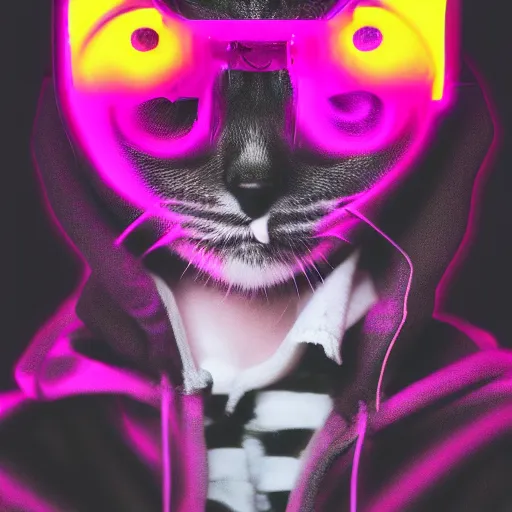 Prompt: cat skeleton in hoodie, portrait, vaporwave, synthwave, neon, vector graphics, cinematic, volumetric lighting, f 8 aperture, cinematic eastman 5 3 8 4 film, photorealistic