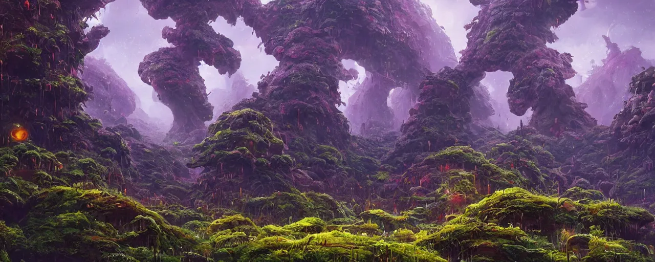 Image similar to ” mysterious alien landscape covered in foliage, [ lush, cinematic, detailed, epic, widescreen, opening, establishing, mattepainting, photorealistic, realistic textures, octane render, art by slop and paul lehr ] ”