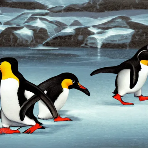 Prompt: penguins running away from lightening strikes while running on ice,, highly detailed, high quality, 8 k, soft lighting, art by mary jackson