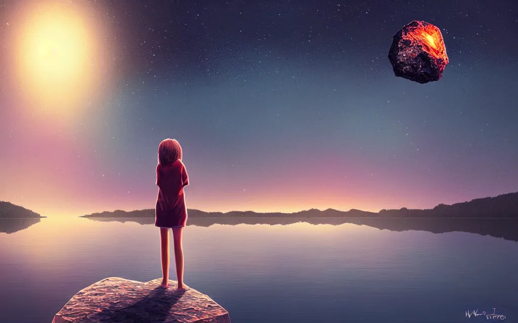 Image similar to girl staring at a meteorite hitting a calm lake at night by wlop, low poly art, ultra detailed color art, high detail, digital art