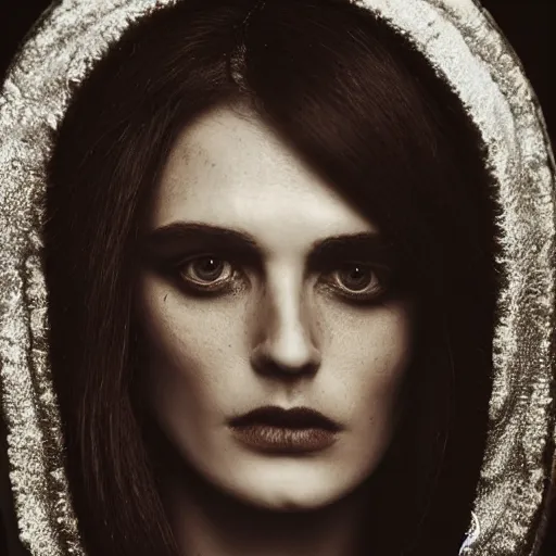 Prompt: an emotionally intense portrait closeup 5 0 mm studio portrait photograph by mert alas of morgan le fay, a powerful and ambiguous enchantress from the arthurian legends, gazing at the camera with an intelligent and thoughtful look.