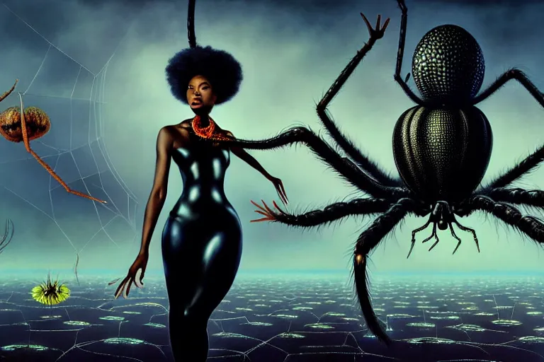 Prompt: realistic detailed photorealistic film portrait shot of a beautiful black woman with a giant spider, sci fi city landscape background by denis villeneuve, amano, yves tanguy, alphonse mucha, ernst haeckel, david lynch, edward robert hughes, roger dean, cyber necklace, dynamic pose, rich moody colours, wide angle