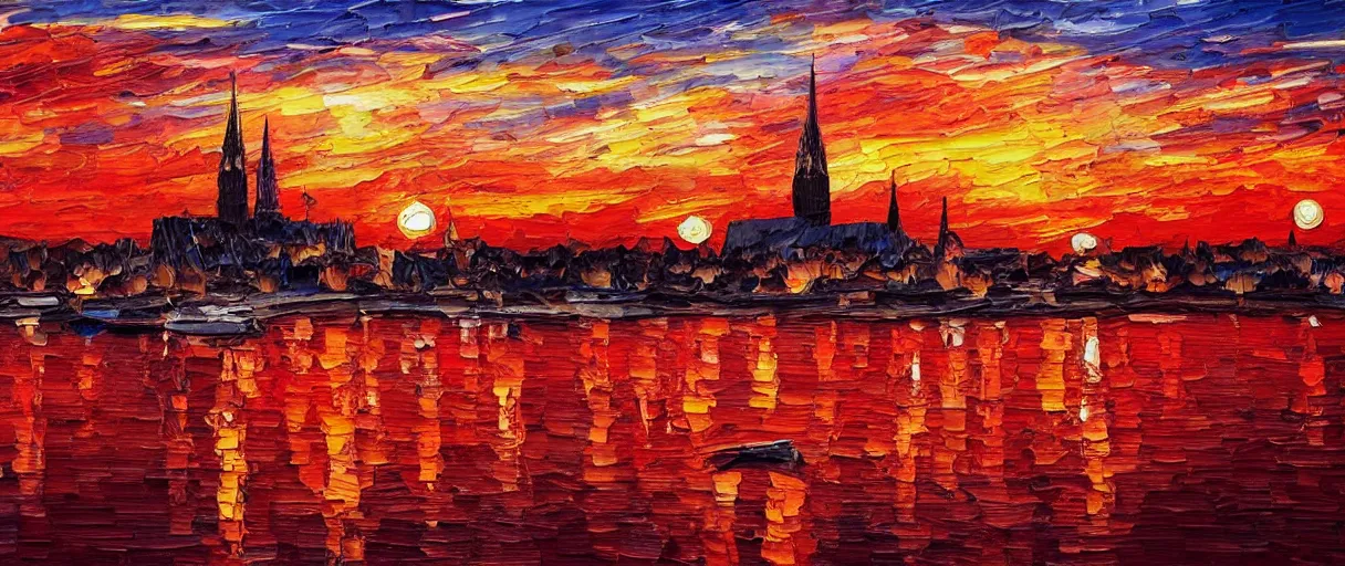 Image similar to burning oil painting of cologne, sunset, red color palette, high details, 4 k