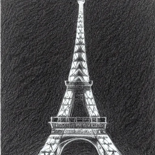 Prompt: 'Infinite Eiffel Tower' by M. C. Escher, hyper-detailed pencil sketch on black paper