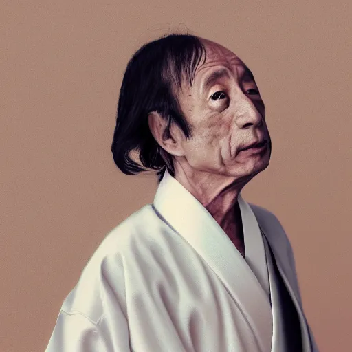 Image similar to Japanese Michel Houellebecq wearing kimono, realistic, photo studio, HDR, 8k, trending on artstation