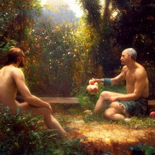 Image similar to isaac newton offering a half eaten apple to steve jobs in the garden of eden, artwork by gaston bussiere, craig mullins, trending on artstation