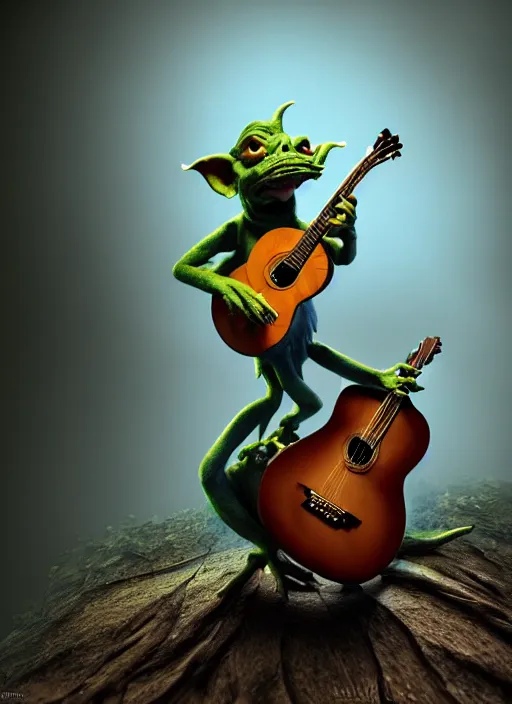 Image similar to a cute sharply dressed goblin playing the blues on an old acoustic guitar, in the style of boris valejo and terry gilliam, fantastic, dramatic lighting, smoke, mist, forest, hyperrealistic, photorealistic, accurate, detailed, octane render