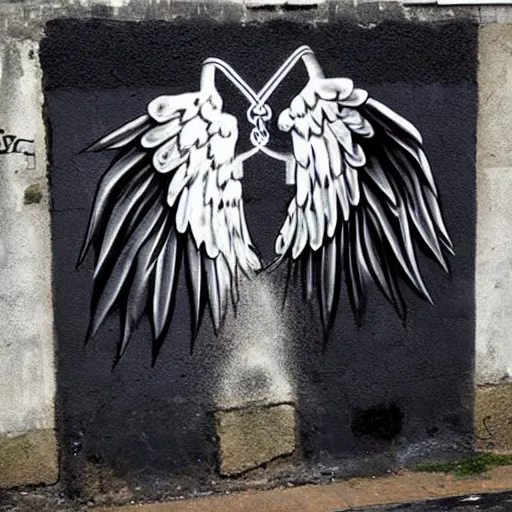 Image similar to angel wings devil horns street art by banksy