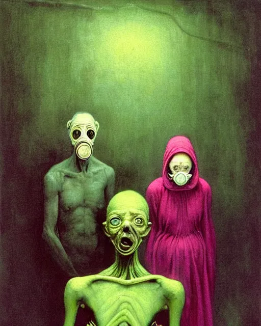 Prompt: two skinny old people with extra limbs, wearing gas masks, bodies wrapped in robes of gold, green and pink, during a biohazard apocalypse, cinematic, dystopian, eerie, horror, gothic, highly detailed painting by Francis Bacon, Beksinski, Esao Andrews, !!!Edward Hopper!!! surrealism, art by Takato Yamamoto and !!!James Jean!!!