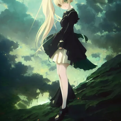 Image similar to victorique de blois anime girl gosick green eyes black dress blonde hair by greg rutkowski makoto shinkai aramaki shinji artgerm, cushart krenz key art feminine