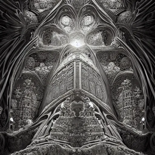 Image similar to a beautiful stone carving of an intricate mandelbrot fractal cathedral populated by fractals by android jones, carved soap, unreal engine, volumetric lighting, dynamic lighting, bright, dramatic lighting, high contrast, neon glow, carved marble, opalescent, sacred geometry, religious, angelic, catholicpunk, stark, trending on artstation