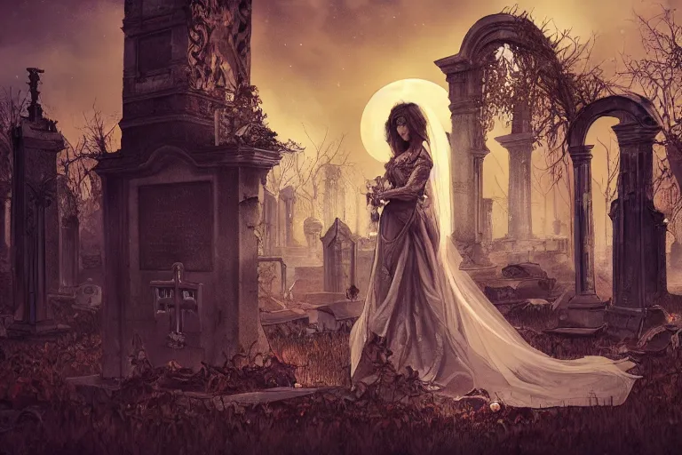 Prompt: an ultra detailed animation of a bride a graveyard at midnight on halloween, digital art, dark fantasy, concept art, soulslike, by alphonse mucha, blood moon eclipse, ruined building in the background, artstation, 8 k, unreal engine render