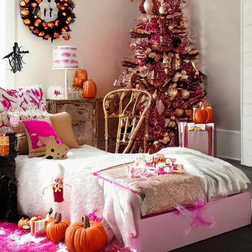 Prompt: homemade pink and gold halloween themed christmas bedroom ideas, high resolution, creative, visually appealling