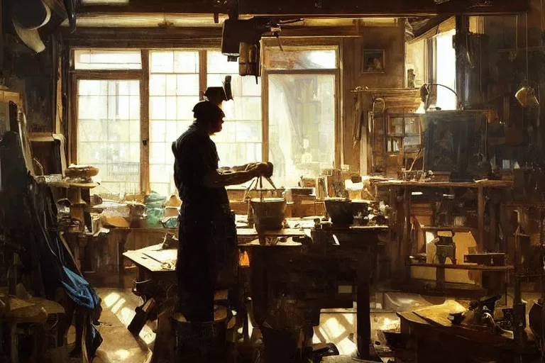 Image similar to oil painting of craftsman buidling a piece of furniture in their workshop, art by anders zorn, wonderful masterpiece by greg rutkowski, beautiful cinematic light, american romanticism by greg manchess, jessica rossier and norman rockwell