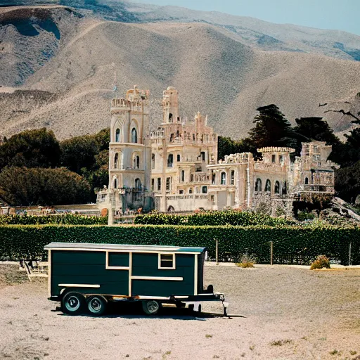 Prompt: Hearst Castle as a tiny home. Photographed with Leica Summilux-M 24 mm lens, ISO 100, f/8, Portra 400