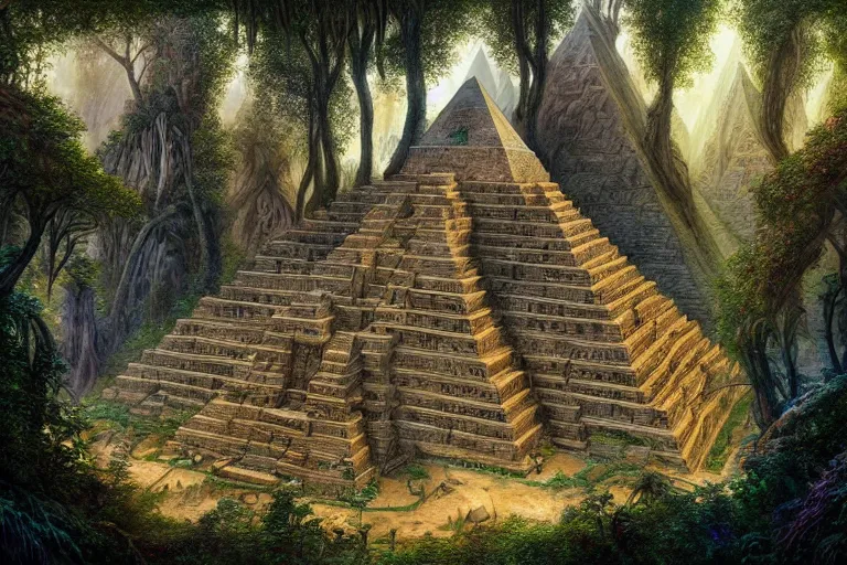 Prompt: a beautiful and highly detailed digital painting of a elven pyramid made of stone blocks in a mystical forest, psychedelic patterns, intricate details, epic scale, hyperdetailed, hyperrealism, artstation, cgsociety, 8 k, sharp focus, by caspar friedrich, james gurney, zeen chin, brian froud,