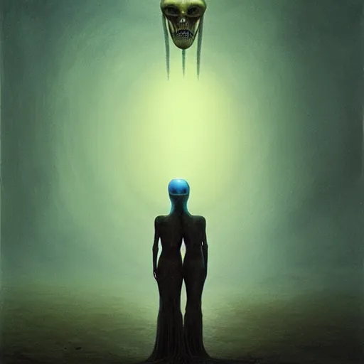 Image similar to alien man with alien woman, full body portraiture, painted by beksinski, 4 k, intricate details, unreal engine, dynamic lighting