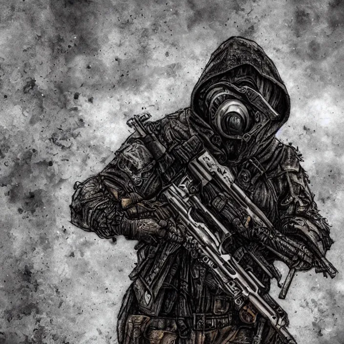 Image similar to gritty hooded apocalyptic man shouldering laser - rifle surrounded by destroyed machine, hyper - detailed, sharp focus, 4 k ultra hd, fantasy dark art, apocalyptic art