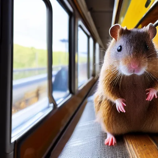 Image similar to photo of a train interior, a brown hamster is sitting on a seat, various poses, unedited, soft light, sharp focus, 8 k