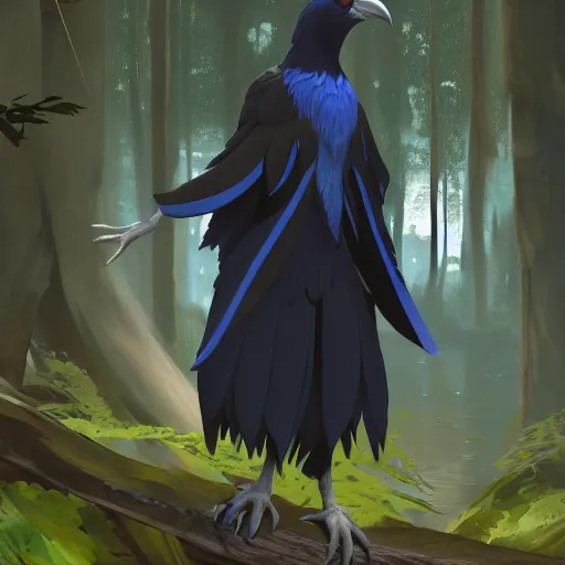 Image similar to concept art painting of an anthropomorphic albino raven wearing dark blue robes, in the deep forest, realistic, detailed, cel shaded, in the style of makoto shinkai and greg rutkowski and james gurney