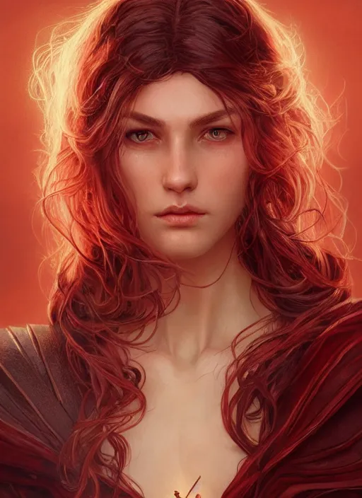 Image similar to vertical portrait of a ruggedly handsome female cleric, soft hair, close - up face, leather, witchy, d & d, fantasy, intricate, elegant, highly detailed, digital painting, artstation, concept art, smooth, sharp focus, illustration, art by artgerm and greg rutkowski and alphonse mucha, plain red background