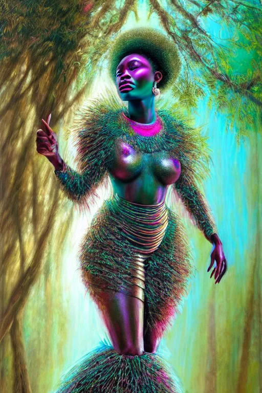 Image similar to hyperrealistic avant garde cinematic super expressive! yoruba goddess with exoskeleton armor, merging with tree in a forest, highly detailed digital art masterpiece, smooth cam de leon eric zener dramatic pearlescent soft teal pink light, ground angle hd 8 k, sharp focus