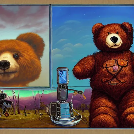 Image similar to a paint of dan mumford, of a robotic teddy bear painting a picture of a cute bear, in the background an apocalyptic panorama, artstation