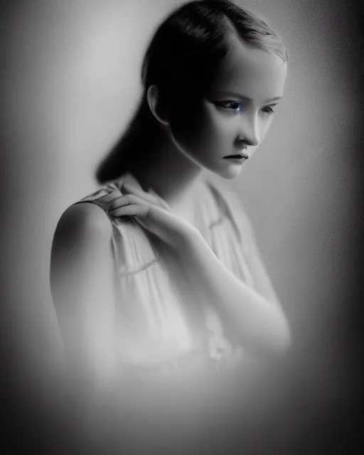 Image similar to tintype black and white dreamy young beautiful female artificial intelligence, metropolis, cinematic, rim light, bokeh, photo - realistic, elegant, high detail, 8 k, masterpiece, photo taken in 1 9 3 0