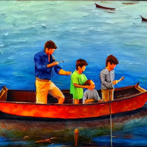 Prompt: A dad with his 3 sons in a boat, the dad is fishing, underwater there is a fish with his 3 sons, oil on canevas