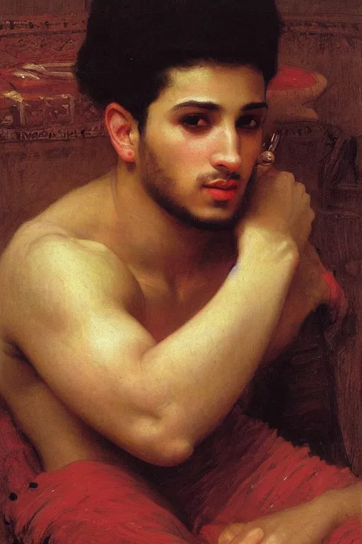 Prompt: Portrait of a young muscular jewish moroccan young man magician with an earring, orientalist, victor Nizovtsev, bouguereau