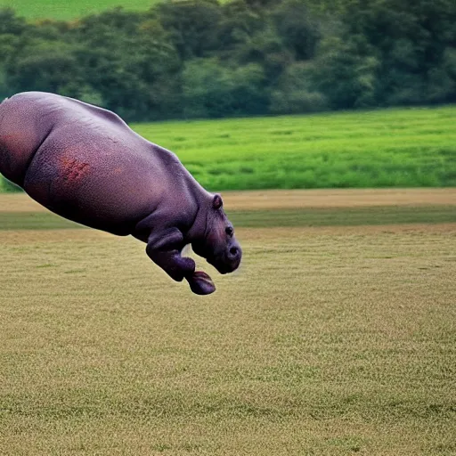 Prompt: a hippopotamus flying over a field, award winning photography