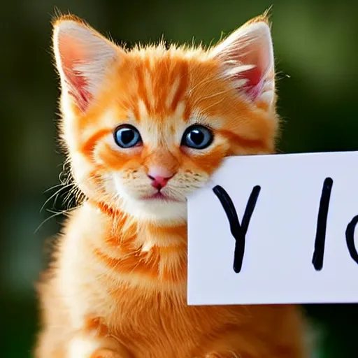 Image similar to cute fluffy orange tabby kitten with a sign that says