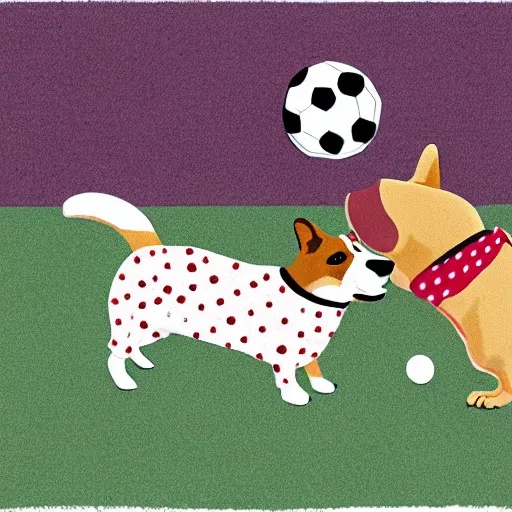 Image similar to illustration of french boy in paris playing football against a corgi, the corgi is wearing a polka dot scarf