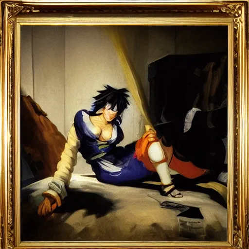 Image similar to Francisco Goya painting of Tracer (Overwatch) lounging in her bedroom, candlelit, dramatic