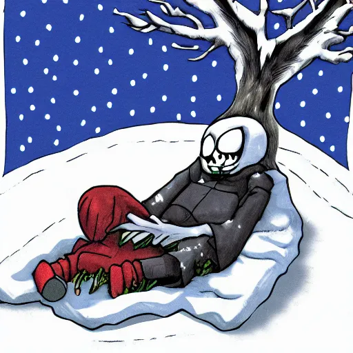 Image similar to Sans from undertale napping under a tree in the snow, deviantart