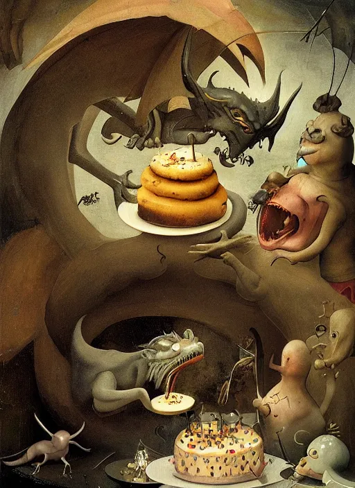 Image similar to dragon eating cakes by hieronymus bosch, detailed digital art, trending on Artstation