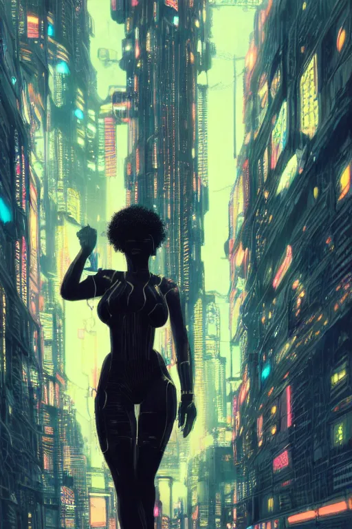 Image similar to a beautiful young Black woman, cyberpunk, Blade Runner city background, highly detailed, 8K, artstation, illustration, art by Gustav Klimt