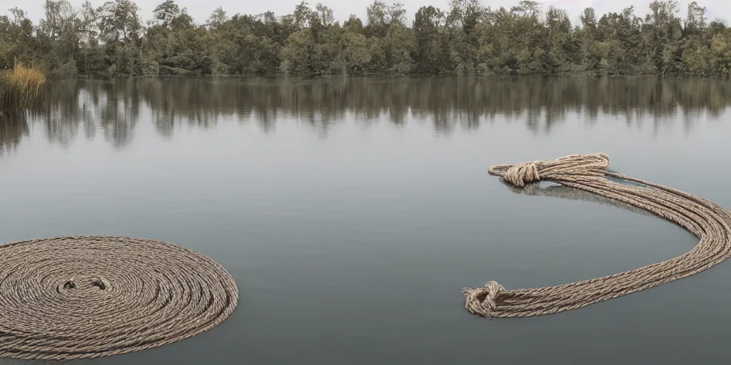 Image similar to a infinitely long rope zig - zagging across the surface of the water into the distance, floating submerged rope stretching out towards the center of the lake, a dark lake on a cloudy day, atmospheric, color film, trees in the background, hyper - detailed photo, anamorphic lens