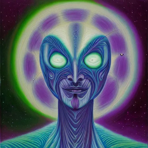 Image similar to painting of a tranquil alien made of light and glows meditating in dense forest by alex grey, acrylic art, ethereal, soothing, somber, elegant, warm light, cozy