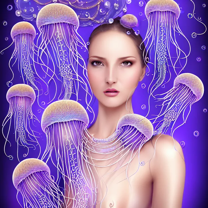 Prompt: photo portrait of a beautiful woman like a queen- blue jellyfish-dressed in long elegant intricate ornamental jellyfishes ethereal dress, natural skin tone, intricate mandelbrot fractal highly detailed violet jellyfishes ornament in the upper side of breast, bust with a very long neck , hair are wired filaments of jellyfishes, elegant, highly detailed intricate jellyfishes ornament in her long hair, Realistic, Refined, Highly Detailed, natural pastel lighting colors scheme, fine art photography by Tim Walker, volumetric lighting, hyper realistic photography, 8 k