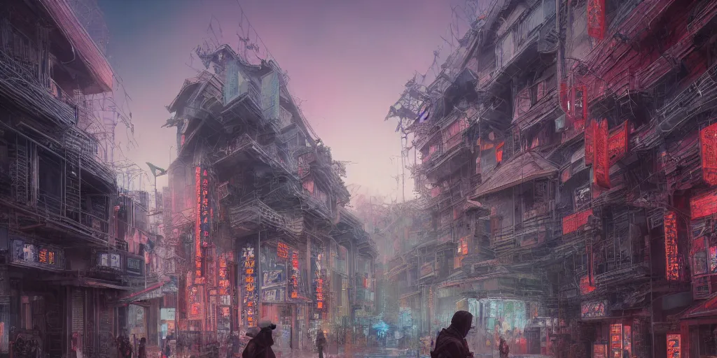 Image similar to lone wanderer in a highly detailed cinematic tokyo suburb, psychedelic, amazing, by feng zhu, wayne barlowe, perfect geometry, hdr, 4 k, hyper - detailed, sharp, beautiful, desaturated, beautiful lighting, oil on canvas, sunset, cinematic composition, trending on artstation, gnomon