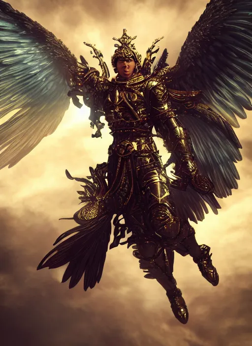 Image similar to archangel micheal flying in sky by huang guangjian, taekwon kim rostbite 3 engine, cryengine, dof, trending on artstation, digital art, chanel, dior, fantasy and detailed and intricate background