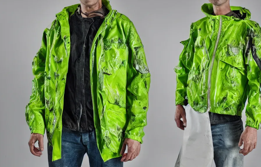 Image similar to jacket made out of toxic waste, catalogue product photograph