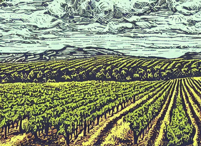 Image similar to wine label, linocut vineyard landscape by greg rutkowski, fine details, highly detailed