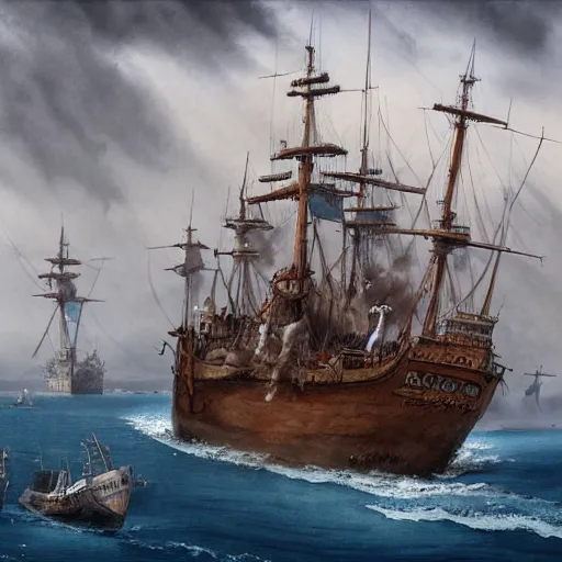 Image similar to somali pirates, a detailed matte painting by anton pieck, deviantart contest winner, fantasy art, concept art, official art, matte drawing